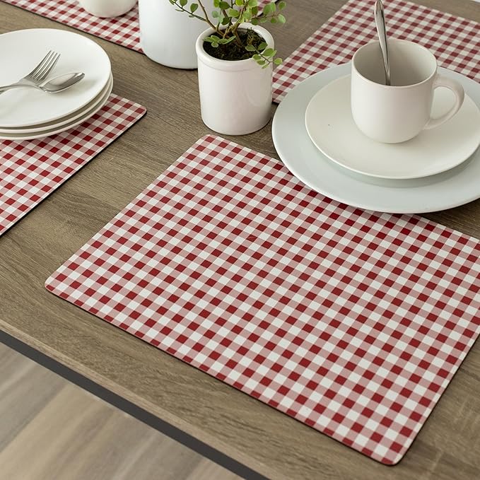 Benson Mills Cork Placemats Set of 4, Thick Cork Place Mats for Kitchen and Dining Tables, Easy Clean Table Mats (12" x 16" Rectangular Set of 4, Gingham Check Red)