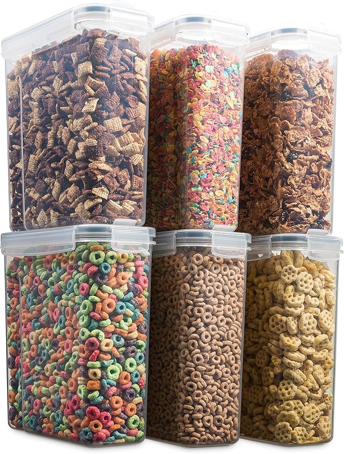 6 Pack Airtight Cereal Food Storage Container - BPA Free Plastic Kitchen and Pantry Organization Canisters for, Dry Pet Food, Flour, Sugar, Rice, Nuts, Snacks & More (135.5 Oz) Labels & Chalk Marker