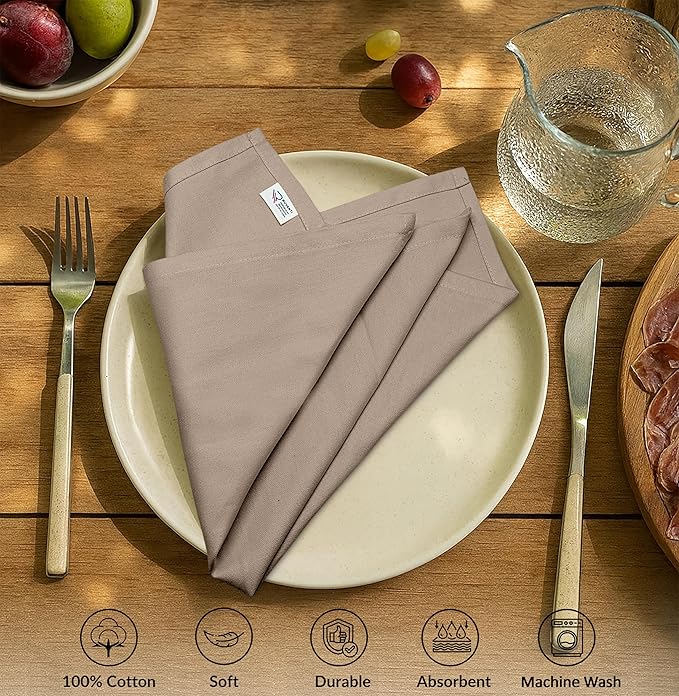 Ruvanti Cloth Napkins Set of 6, 100% Cotton High GSM 18x18 Inches Soft, Washable, Highly Durable & Absorbent, Perfect for Parties, Christmas, Thanksgiving Dinners – Light Taupe