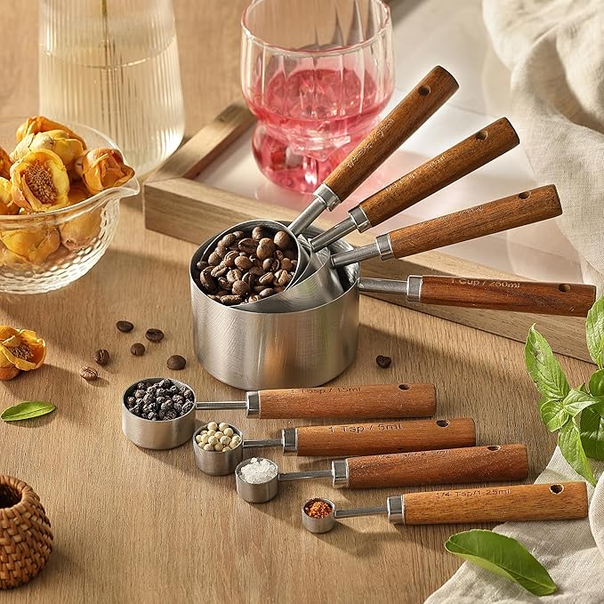 8PCS Measuring Cups, DAJLFA Stainless Steel Measuring Cups and Spoons Set with Ergonomic Wooden Handle for Cooking & Baking