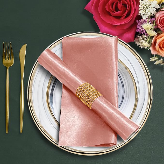 100 Pack Rose Gold Satin Napkins and Napkin Rings Set, 12 x 12 Inch Silky Soft Cloth Napkins Set of 50, Square Satin Dinner Table Napkins Bulk for Wedding Banquet Graduation Party Decoration