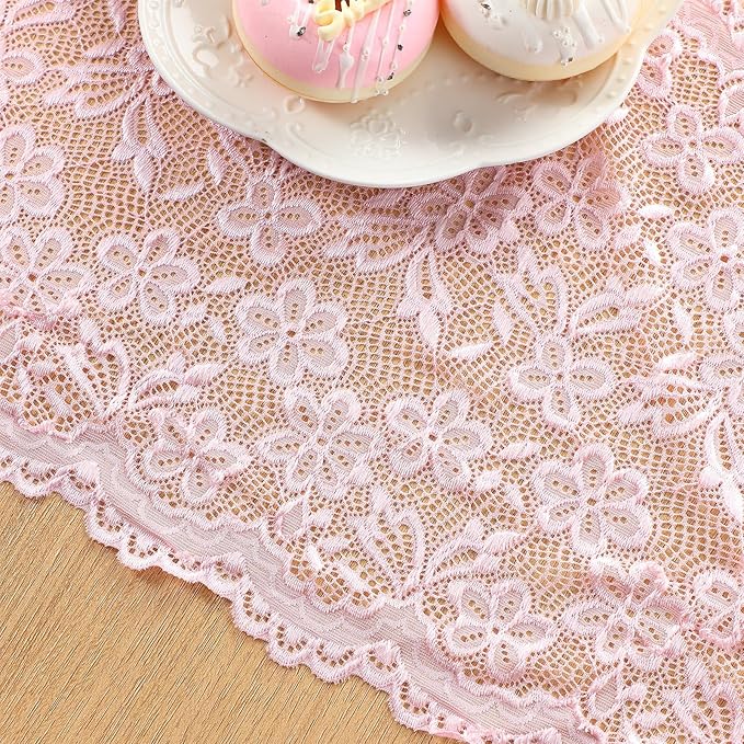 Pink Lace Table Runner with Big Bow Ends 12 x 71 Inch Vintage Rectangle Macrame Embroidered Runner French Style Tablecloth for Wedding Kitchen Dining Table Home Decor