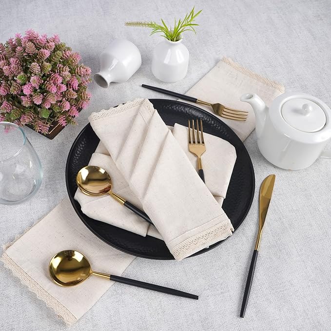FINGERCRAFT Dinner Cloth Napkin Cotton Linen 12 Pack Vintage Rustic Premium Quality Mitered Corners Napkin Cloth with Elegant Lace for Everyday Use, Pre Shrunk and Good Absorbency 20x20 in Ivory