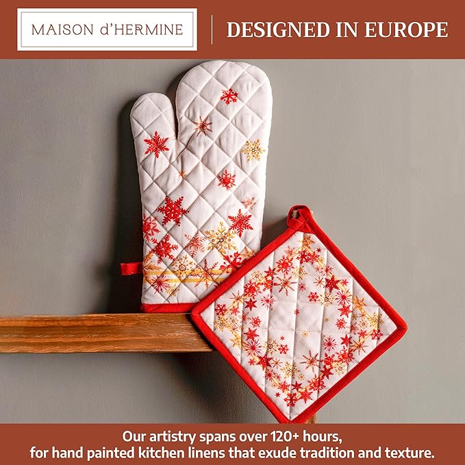 Maison d' Hermine 100% Cotton Oven Mitt & Pot Holder Set (7.5"x13" & 8"x8") Heat Resistant BBQ Cooking Gloves with Loop for Thanksgiving Christmas Decorations Handling Hot Pans (Crystal Star)