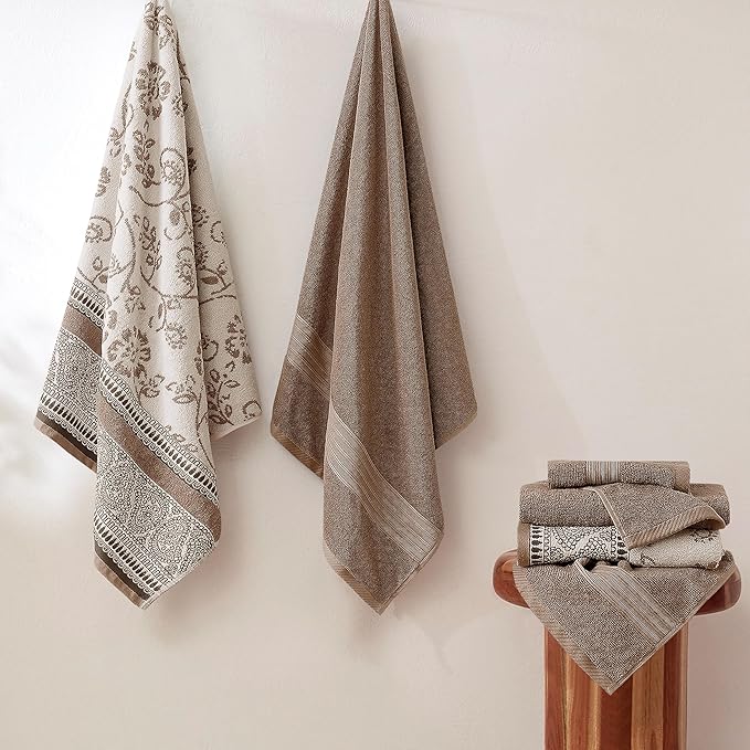 Modern Threads Floral Trail 6-Piece 100% Cotton Towel Set – Reversible Yarn Dyed Jacquard – Includes 2 Bath Towels, 2 Hand Towels, 2 Washcloths – Absorbent, Quick Dry, Soft & Durable – Taupe Brown