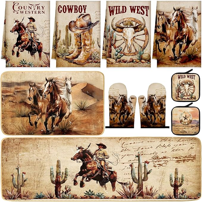Fourluoo 10 Pcs Western Cowboy Kitchen Decor Oven Mitts and Pot Holders Set Western Cowboy Kitchen Accessories Vintage Dish Towels Farmhouse Rugs and Mats for Home Cooking Baking Housewarming Gifts