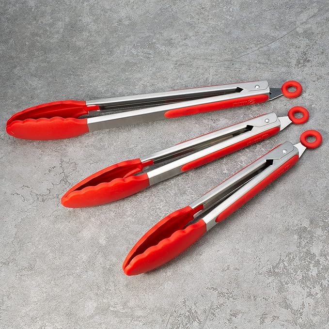 3 Pack Red Kitchen Tongs, Premium Silicone BPA Free Non-Stick Stainless Steel BBQ Cooking Grilling Locking Food Tongs, 9-Inch 10-Inch & 12-Inch