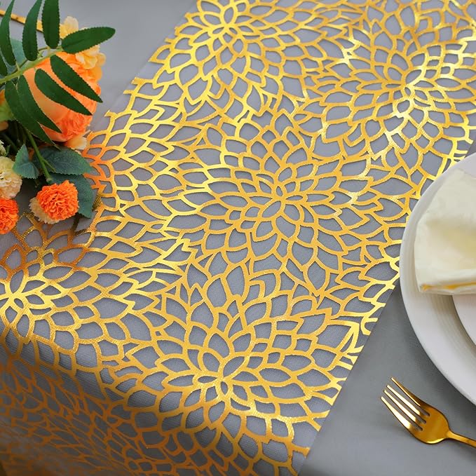 Snowkingdom 2 PCS Gold Spring Easter Table Runner 108 Inches Long, Gold Bloom Sequin Glitter Flower Floral Table Decor for Winter Holiday Dining Kitchen Party Valentine's Day New Year Home Decorations