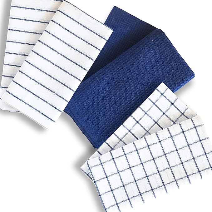 Cotton Dish Towels For Kitchen Drying - Highly Absorbent Wide Navy Blue Striped Plaid Tea Towels - 18"X28" Set Of 6 Farmhouse Linen Dishtowels In Bulk - Pano De Prato Para Cozinha - T Towles Towls