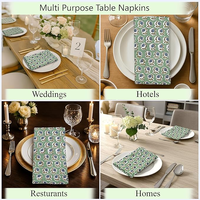 Ridhi Basil Green Hand Block Print 100% Cotton Napkins 18" x 18" (Set of 8) Reuseable Kitchen Napkins Cloth Decor Dinner Party Wedding Cocktail Gift for Spring, Easter, Valentine