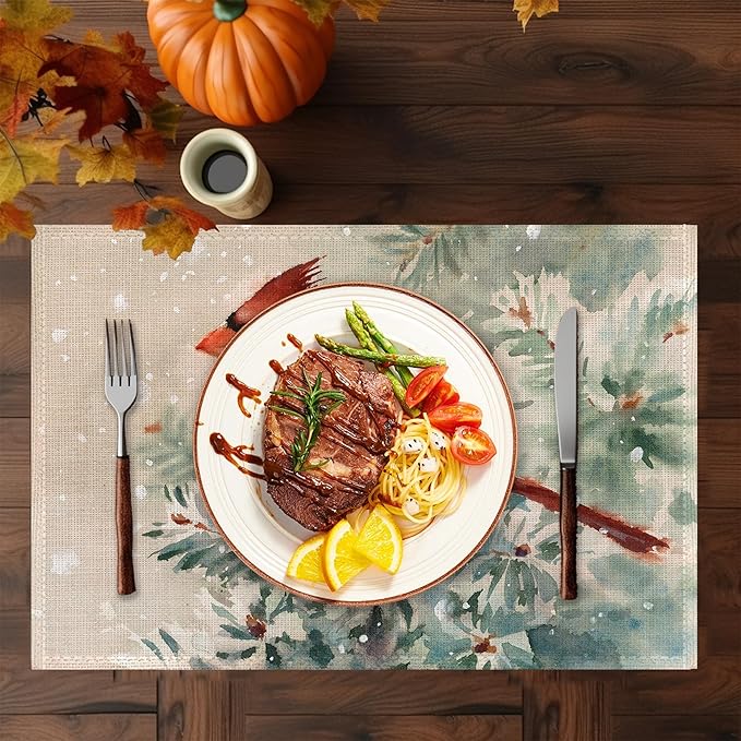 Christmas Cardinal Placemats Set of 6, Bird Place Mats Washable Heat Resistant 12×18 Inch Linen Table Mats for Christmas Dining Décor