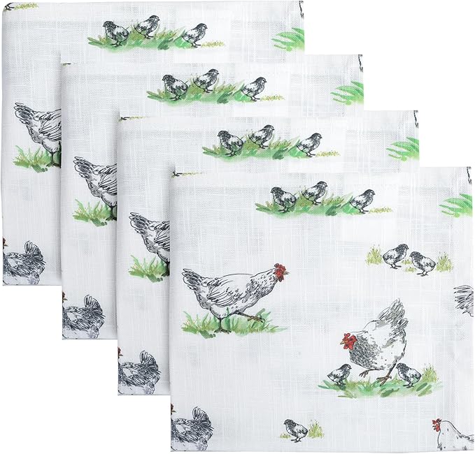 Vintage Vista Cotton Cloth Napkins Set of 4 (17" x 17") - Digital Printed Table Napkins Cloth Washable & Reusable for Everyday Use & Easter - (Green Chicken)