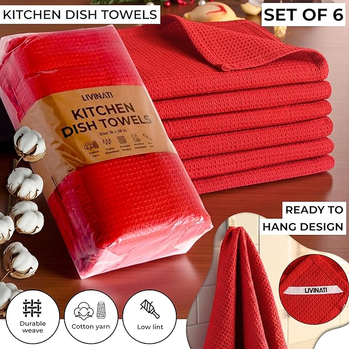 Highly Absorbent Cotton Dish Towels for Drying - Set of 6 Red Kitchen Towels - 18"X28" Lint Free Waffle Weave Cloth Linen Hand Bathroom Bulk Dishtowels