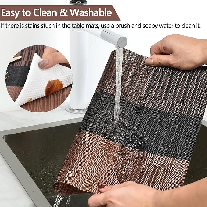 SLKQG Brown Placemats Set of 8 - Easy Clean Modern Durable Washable Vinyl Place Mats - Heat Resistant Placemats for Kitchen Table - PVC Table Mats for Dining Table (Brown Black, 8)