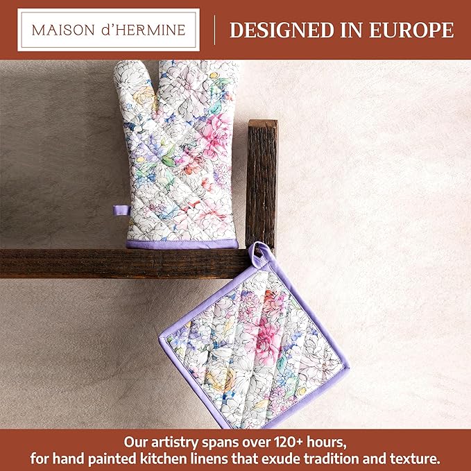 Maison d' Hermine 100% Cotton Oven Mitt & Pot Holder Set (7.5"x13" & 8"x8") Heat Resistant BBQ Cooking Gloves with Loop Baking Grilling Kitchen Gifts for Mothers Day Spring/Summer (Floral Love)