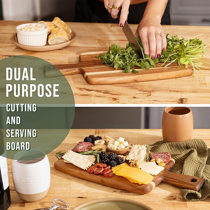 Acacia Wood Cutting Board and Chopping Board with Handle for Meat, Cheese Board, Vegetables, Bread, and Charcuterie - Decorative Wooden Serving Board for Kitchen and Dining Room, 16" x 8"
