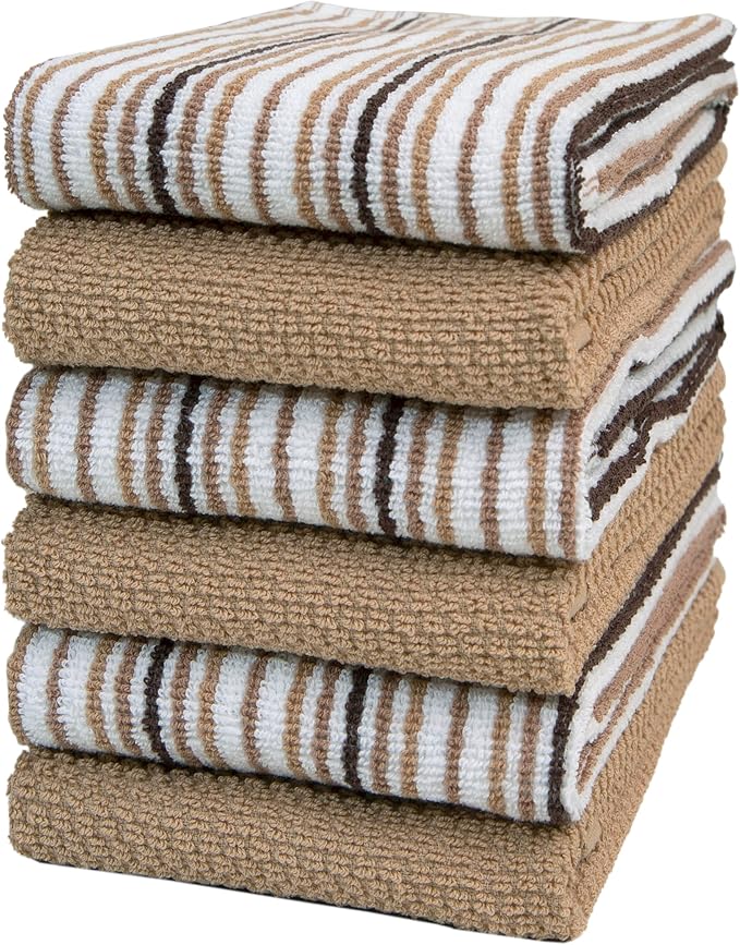 Kitchen Towels 16”x 26” - 6 Pack | Large Cotton Dish Towels | Popcorn Stripe Design | 430 GSM Highly Absorbent with Hanging Loop | Tan