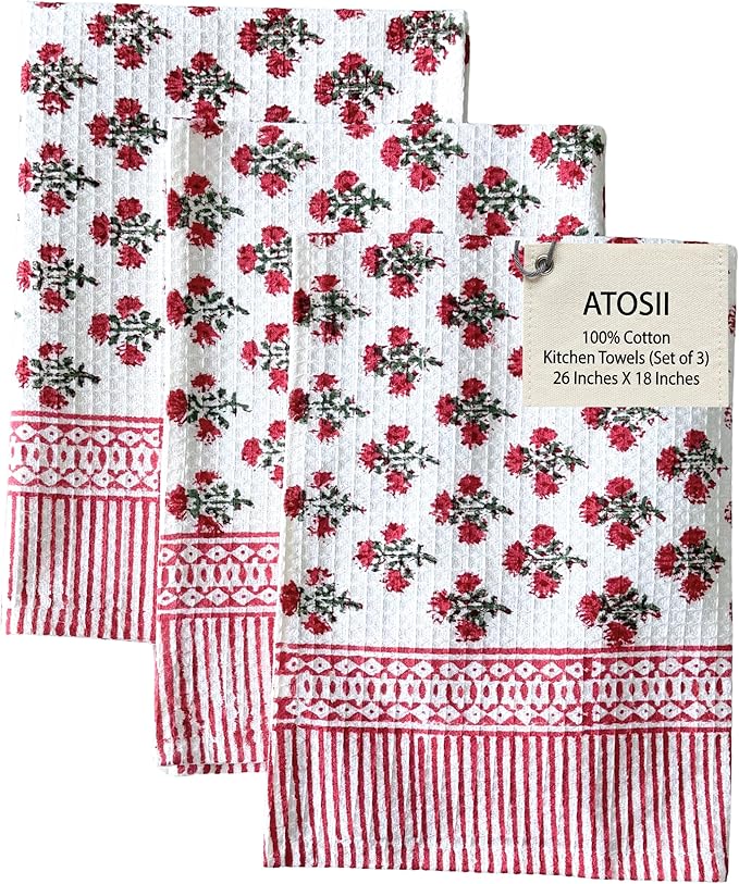ATOSII 100% Cotton Hand Block Print Waffle Kitchen Towel, Set of 3, 18 x 26 Inches Ultra Absorbent Quick Dry Dish Towels, Reusable Sustainable Tea Towels for Cleaning and Drying, Gulbahar Pink
