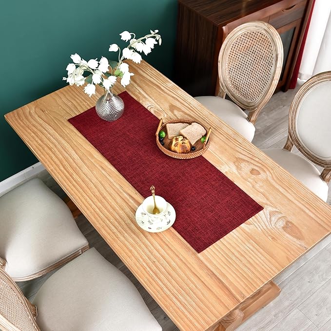 Farmhouse Rustic Faux Linen Table Runner Neutral Burgundy Table Runners Double Layer Reversible Rectangle Runners for Daily Use Kitchen Dining Banquet Holiday 13x36 Inch