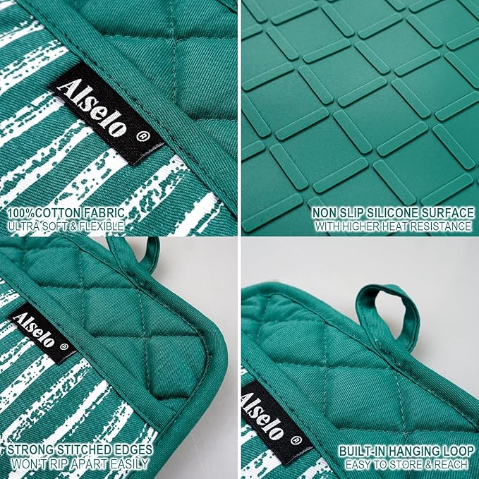 Alselo Silicone Pot Holders Set of 3 Heat Resistant & Non Slip Potholders, Professional Oven Hot Pads with Pockets Mitts for Kitchen Cooking Baking Barbecue (Emerald Green, 3)