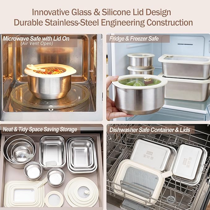 Urban Green Stainless Steel Food Containers with Glass Lid, Airtight Leakproof Stainless Steel Storage Containers in set of 4, small size, Round Shape, Microwave Safe, 100% Plastic Free