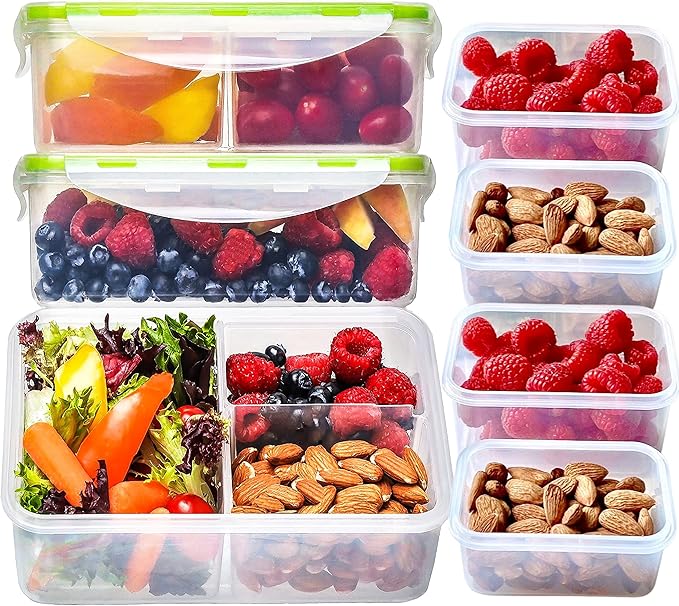 Bento Box for Kids and Adults - Reusable Lunch Box Meal Prep Containers - 3 Compartment Snack Box Container with Airtight Lid - Dishwasher, Freezer, Microwave Safe Food Snack Storage (39 oz, 7 Pack)