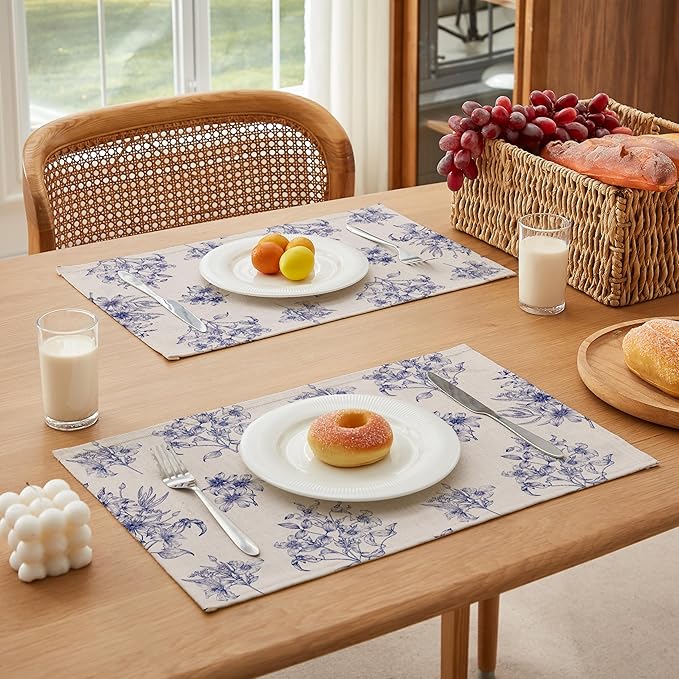 LilyCat Linen Fabric Blue Floral Placemats, Waterproof Durable Boho Dining Table Mats for Kitchen, Rustic Vintage Washable Place Mats Set of 6, 18’’× 12’’