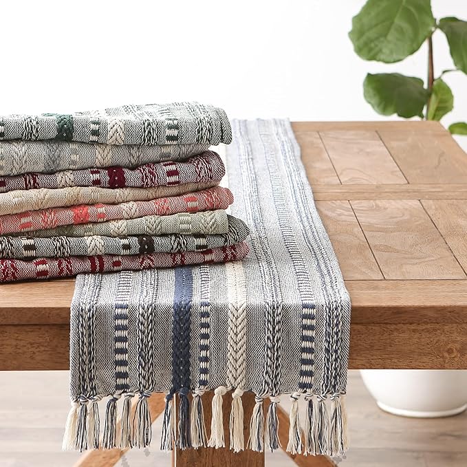 DII Farmhouse Braided Stripe Table Runner Collection, 15x72 (15x77, Fringe Included), Dark Brown