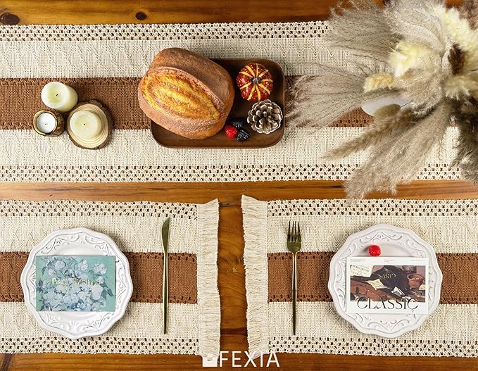 FEXIA Boho Placemats Set of 6, Macrame Table Decor and Farmhouse Style Placemats Natural Cotton Burlap, for Dining Table, Caramel
