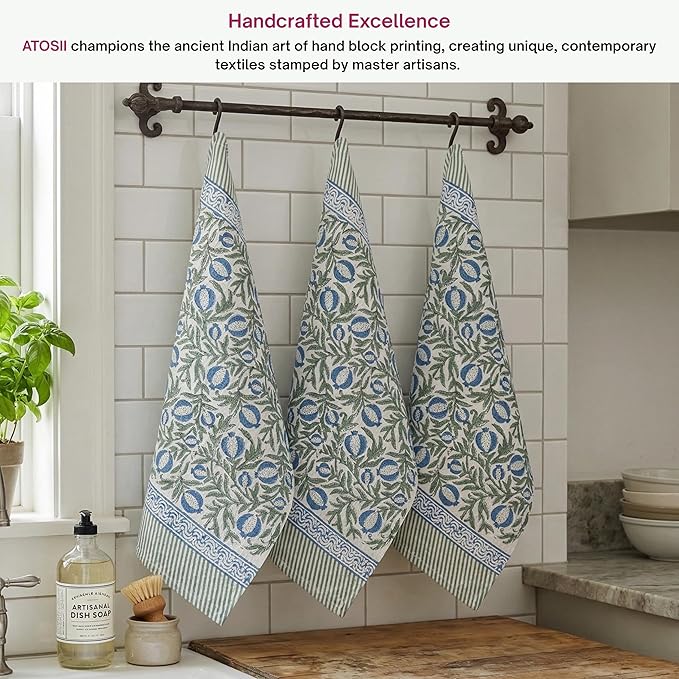 ATOSII 100% Cotton Hand Block Print Waffle Kitchen Towel, Set of 3, 18 x 26 Inches Ultra Absorbent Quick Dry Dish Towels, Lightweight Reusable Sustainable Tea Towels for Cleaning and Drying, Anar Blue