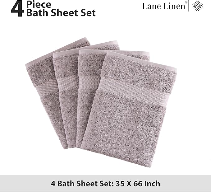 LANE LINEN 100% Mercerized Cotton Bath Sheets Set of 4 (35"x66") - Premium Quality Ring Spun Tech, Eco Friendly Extra Large Towel Sets - Oeko-TEX Certified, Daily Use Bathroom Towels - Platinum