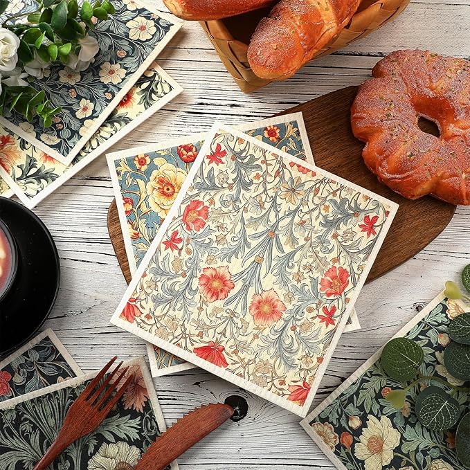 Tegeme 8 Pcs William Morris Swedish Dishcloth Kitchen Vintage Floral Dish Towels Blue Green Flower Kitchen Dish Cloth Washable Absorbent Cotton Towels for Spring Summer Housewarming Gift, 6.8 x 7.7''