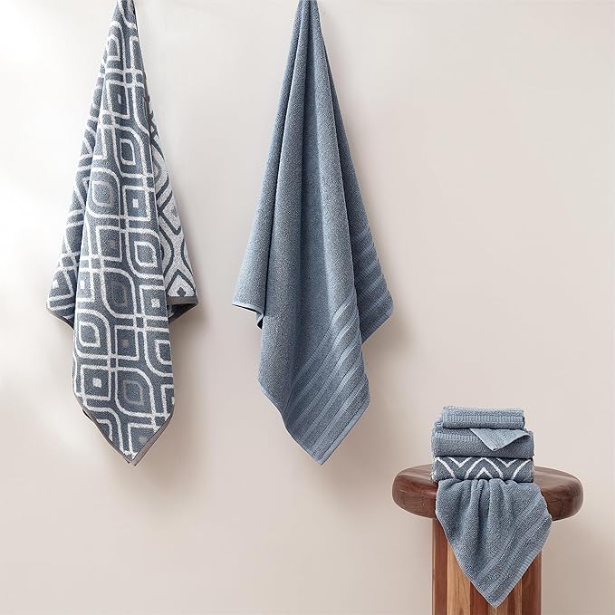 Modern Threads Classic Diamond 6-Piece 100% Cotton Towel Set – Yarn Dyed Jacquard – Includes 2 Bath Towels, 2 Hand Towels, 2 Washcloths – Absorbent, Quick Dry, Soft & Durable – Blue