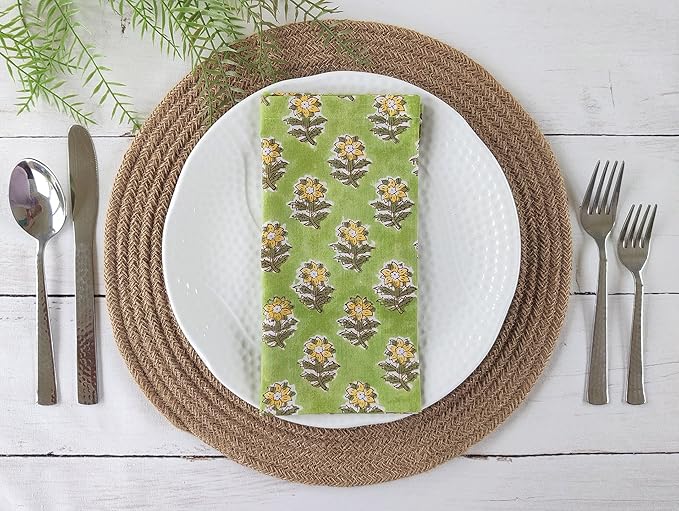 Craftbot Soft Washable Thin Cotton Dinner Napkins 18x18 inches - Set of 6 - Everyday Use or Dinner Party and Events - Green and Yellow Floral Lightweight Indian Block Print Fabric