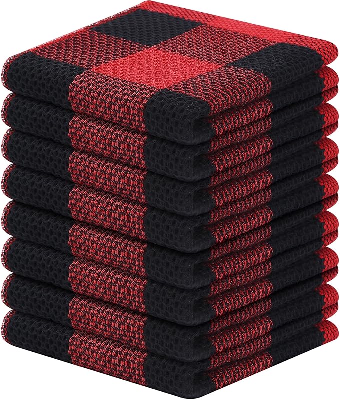 Mordimy 100% Cotton Waffle Weave Plaid Dish Cloths, 12 x 12 Inches, Super Soft and Absorbent Quick Drying Buffalo Check Dish Rags for Kitchen, 8-Pack, Black & Red