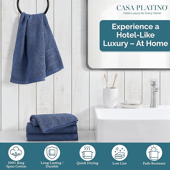 Casa Platino Hand Towels for Bathroom - 4 Pack (16"x28") - 100% Cotton Hand & Face Towels - Durable, Lightweight & Quick Dry - Affordable Bathroom Hand Towel, Everyday Essential for Dorm Rooms - Navy
