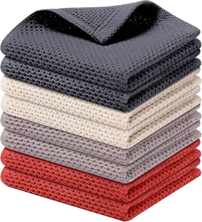 Kitinjoy 100% Cotton Kitchen Dish Cloths (12 X 12 Inches, Multicolor), 8 Pack Waffle Weave Ultra Soft Absorbent Dish Towels for Drying Dishes Quick Drying Kitchen Towels Dish Rags