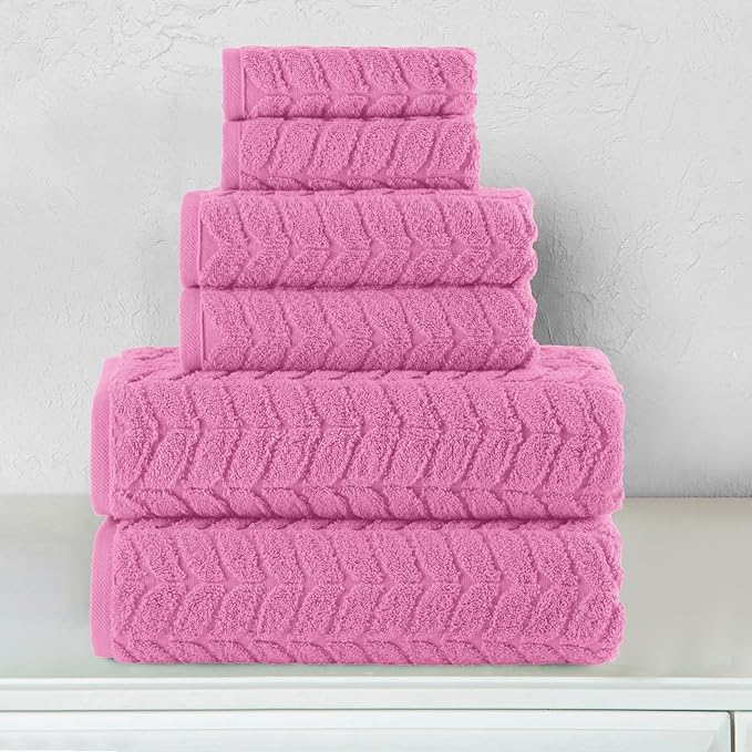 Elegant Comfort Luxury 6-Piece 100% Turkish Cotton Jacquard Braided Textured Premium Hotel Quality Towel Set– Soft and Absorbent, Includes 2 Bath Towels, 2 Hand Towels and 2 Washcloths, Light Pink