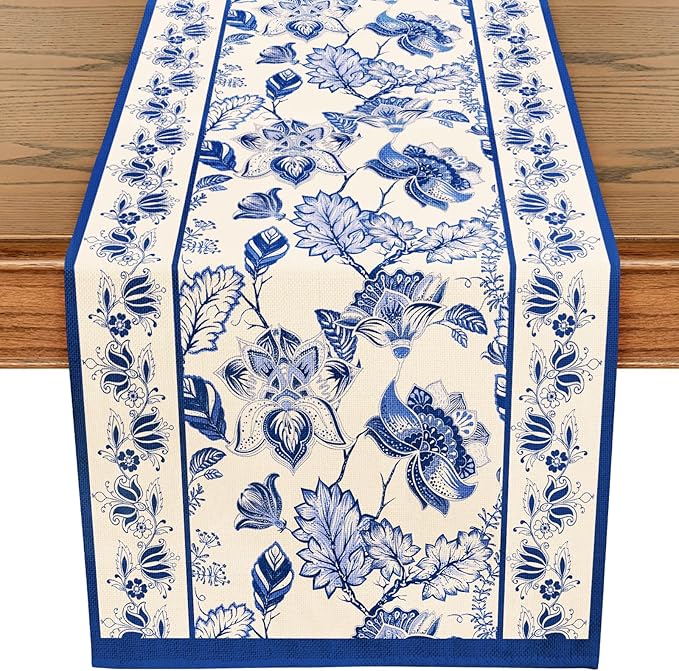 WRAPAHOLIC Blue Floral Table Runner - 13 x 72 Inch - Seasonal Spring Summer Farmhouse Indoor Kitchen Anniversary Wedding Dining Table Decorations for Home Party