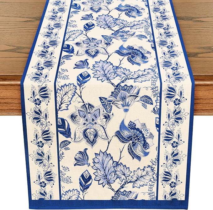 WRAPAHOLIC Blue Floral Table Runner - 13 x 106 Inch - Seasonal Spring Summer Farmhouse Indoor Kitchen Anniversary Wedding Dining Table Decorations for Home Party