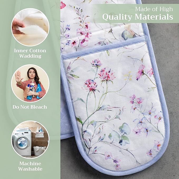 Maison d' Hermine Double Oven Mitts 100% Cotton 7"x35" Double Oven Mitt Heat Resistant BBQ Cooking Gloves with Loop Baking Grilling Gifts for Mothers Day Spring Summer (Summer Floral)