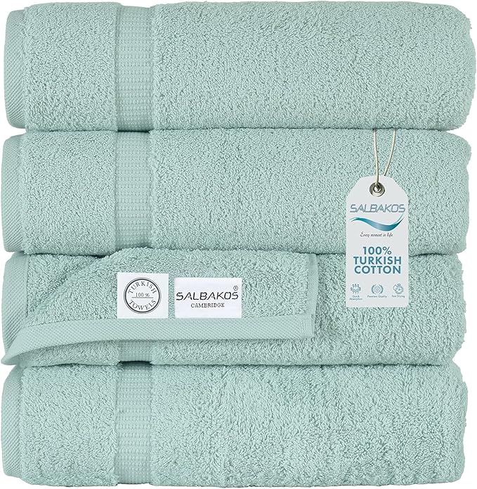 SALBAKOS 100% Turkish Cotton Bath Towels | 4 Piece Turkish Bath Towels 27x54 in Standard Size | Premium Hotel Quality, Super Absorbent, Thick & Plush Turkish Bath Towel (Seafoam Green, 4 Bath Towels)