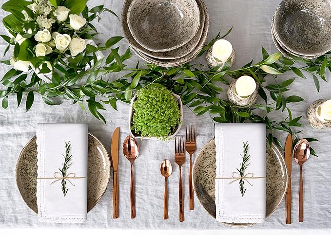 Hausattire Cloth Napkins 12 Pack 20x20 Inches Flax Cotton Washable and Reusable Table Dinner Napkins with Lace for Easter Basket Decor and Parties| Highly Absorbent Cloth Napkins|White
