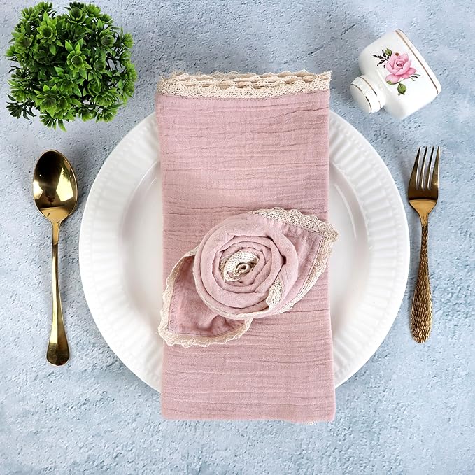 FINGERCRAFT Dinner Cloth Napkin Cotton Muslin Double Gauze 12 Pack with Classic Lace for Everyday Use, Wedding, Party, Christmas, Easter Napkins Cloth are Pre Shrunk and Good Absorbency Peach Wipe