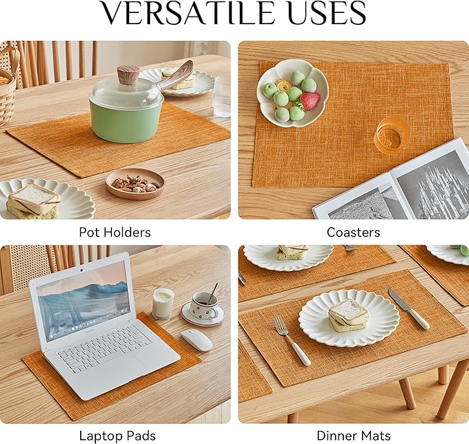 Softalker Faux Linen Placemats Set of 8-12 x 18 Inch, Heat Resistant Double Layered Durable Burlap Farmhouse Place Mats, Non-Slip Washable Rustic Table Mats for Dining, Kitchen, Party（Orange