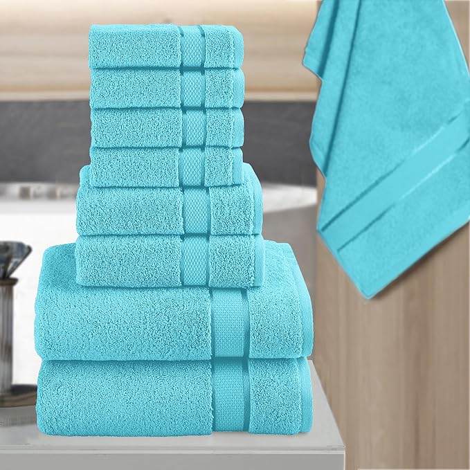 Elegant Comfort Premium Cotton 8-Piece Towel Set, Includes 4 Washcloths, 2 Hand Towels and 2 Bath Towels, 100% Turkish Cotton - Highly Absorbent and Super Soft Towels for Bathroom, Aqua