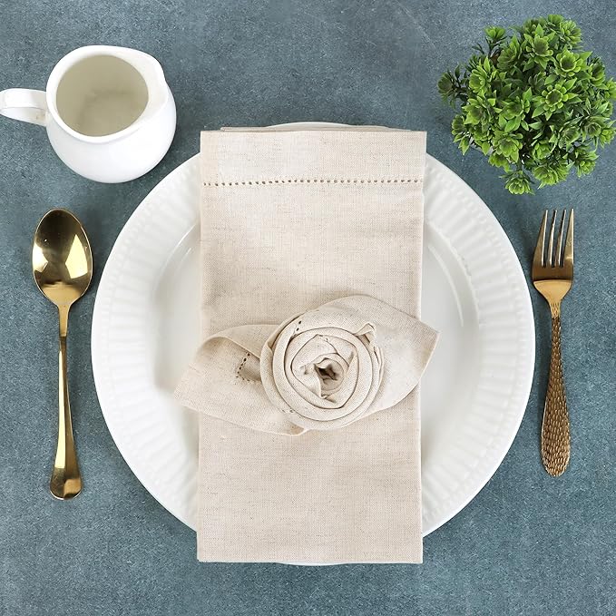 FINGERCRAFT Cloth Napkins, Hemstitch Napkins Cloth, Everyday Use, Premium Quality Cotton Linen Blend Perfect for Parties Dinners Weddings Cocktail Christmas Easter Set of 12, 20 inch Ivory