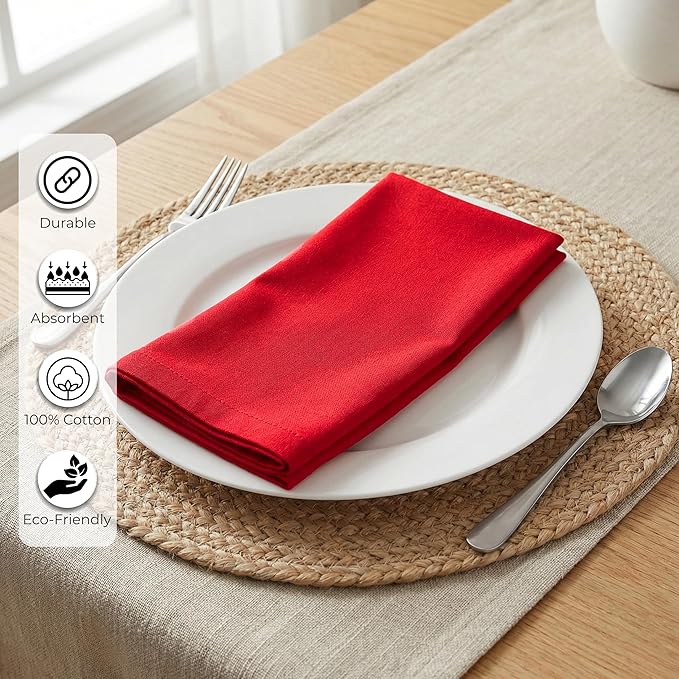 Ramanta Home Red Cotton Dinner Napkins Set of 12, 18x18 Inch 100% Cotton Cloth Napkins, Reusable Fabric Table Napkins for Everyday Dining, Parties, Weddings, Spring & Easter Table Décor Washable