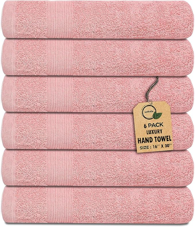 Premium Hand Towels Pack of 6 (16" x 30”) 100% Combed Ring Spun Cotton | Highly Absorbent Hand Towels Set | Ultra Soft for Home, Gym & Spa (Pink)