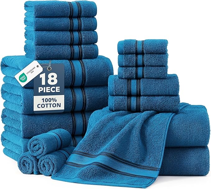 LANE LINEN 18Pc 100% Cotton Bath Towels – 6 Bath, 6 Hand Towel & 6 Washcloths, Zero Twist, Absorbent Softness for Daily Use, Perfect for Airbnb, Spa & Hotel, Machine Washable – Sea Port